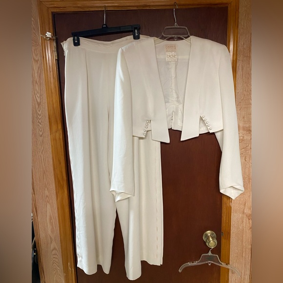 Vintage Alberto Makali Cache Ivory Classy Pant Suit Jacket Set Sz 14 Made in USA - Picture 1 of 15